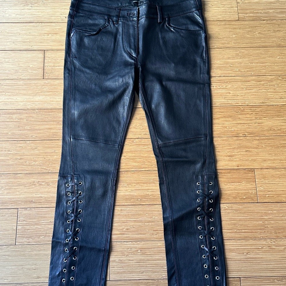 Isabel Marant Lambskin Leather Black Flare Pants with Lace-Up Detail